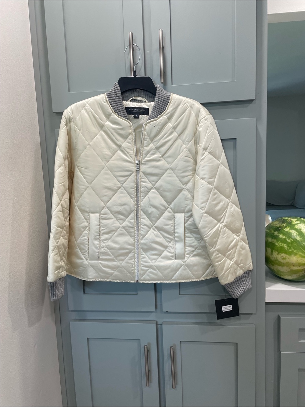 Quilted Cream Bomber Jacket with Gray Rib Trim